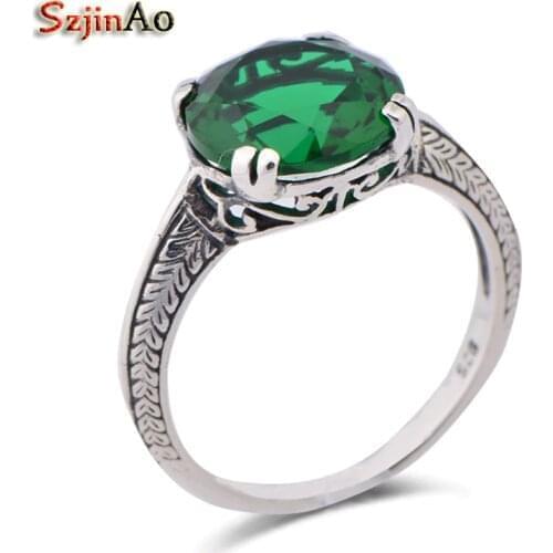 Szjinao Retro Emerald Turkish Jewelry Handmade 925 Sterling Silver Rings Big Sale Pure Silver Ring Wholesale
