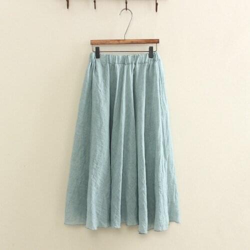 Fashion Girls Summer Green Cotton Linen Midi Skirt High Waist A Line Vintage Pleated Beach Skirt Long Skirts Womens Street Style