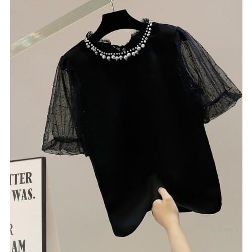 Beaded Mesh Lace Ruffled Collar Blouses Femme New Lantern Sleeve Pullover Shirt Elegant Lady Chic Top Blusas Mujer Summer 2021