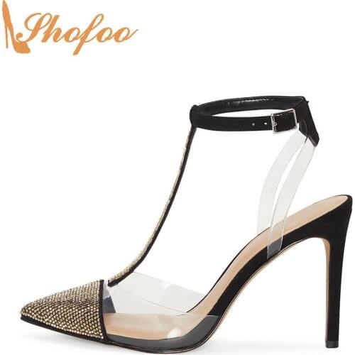 Gold Crystal High Heels Stilettos Sandals Woman Pointed Toe T Strap Big Size 14 15 Ladies Fashion Metal decoration Shoes Shofoo