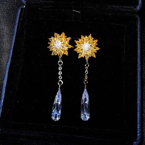 Fashion Sunflower Drop Earrings 925 Silver With Dazzling Crystal New Summer Jewelry Womens Party Luxury Accessories Gifts