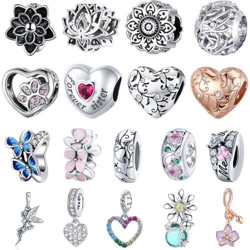 WOSTU Genuine 925 Sterling Silver Heart Flowers Bead Charm Pendant Fit Oringal Bracelet Bangle Women Party DIY Fine Jewelry Gift