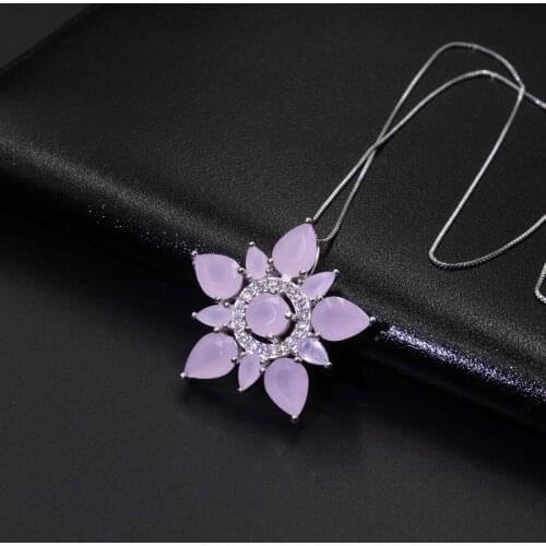 2018 Women Jewelry milky pink Big Flower Shape pendant necklace rare Trapezoidal cubic zirconia hight quality jewelry for women