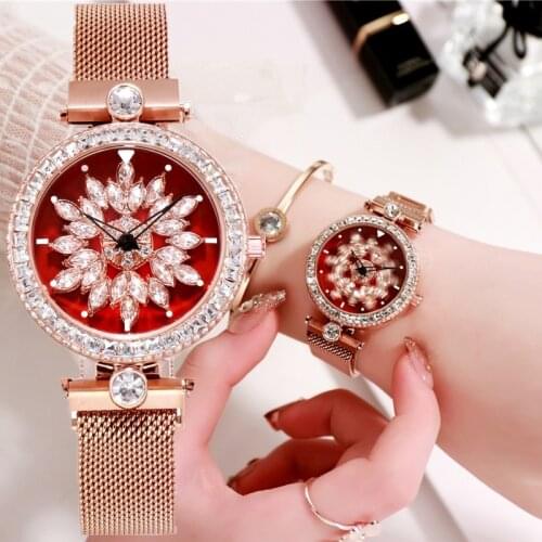 2020 Rotation Watch Female Milan Mesh Belt Korean Fashion Women Watch Waterproof Diamond Rotating Luxury Rhinestone Watch