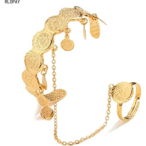 Arabic Childrens Jewelry Open Bracelet Ring Set Turkish Totem Baby Girl Jewelry Gold Bangle Sets Luxury Jewelry