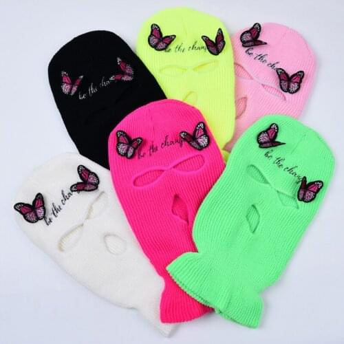 Full Face Butterfly Windproof Embroidery Knit Balaclava 3 Holes Balaclava Ski Winter Hatcycling Mask Warm Unisex Caps