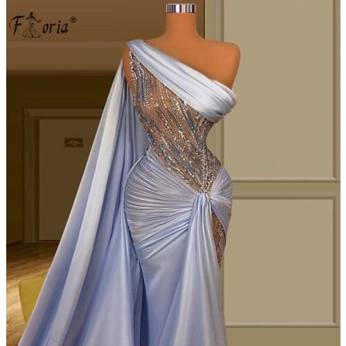 Elegant Evening Dress 2021 Muslim Sequin One Shoudler Celibrity Dress Light Blue Mermaid African vestidos de noche tallas extras