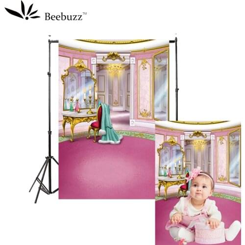 Girls cartoon room background Child and baby photography photophone bedroom Pink walls and rugs dressing table Wardrobe mirror