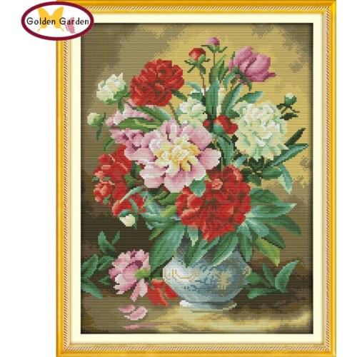 GG Peony Vase Cross Stitch Kits Printed Fabric Needlework Embroidery Sets Craft Handmade Stamped Cross Stitch Kit for Home Decor