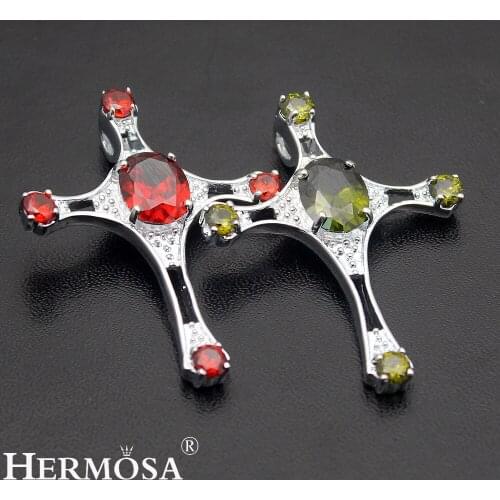 Hermosa Mothers Day Promotion Garnet Peridot Blessed Gift Cross Necklace Pendant 40mm With Chain 18 Inch