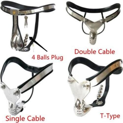 Male Stainless Steel Chastity Cage Fully Enclosed With Removable Anal Bead Plug Slave Lockable Penis Single Double Cable PA Hook