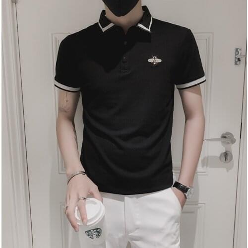 Bee Embroidery Mens Polo Shirt 2021 Summer Short Sleeve Slim Lapel POLO Shirts Korean Fashion Business Casual Male Clothing