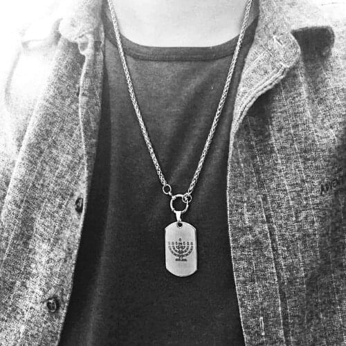 Mens Menorah Necklace Stainless Steel Judaica Candle Holder Pendant Hebrew Hanukkah Israel Jewelry