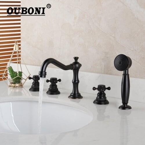 OUBONI Black 5 Pcs Bathtub Faucet Set Deck Mount 3 Handles Hand Sprayer Solid Brass Bathroom Bathtub Mixer Faucet Shower Set