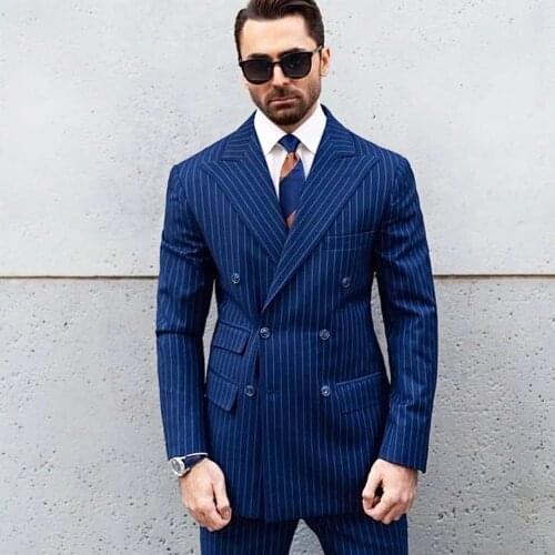 YIWUMENSA Double Breasted Blue Striped Mens Customized Wedding Tuxedos Groom Wear Dinner Prom Party Blazer (Jacket+ Pants)