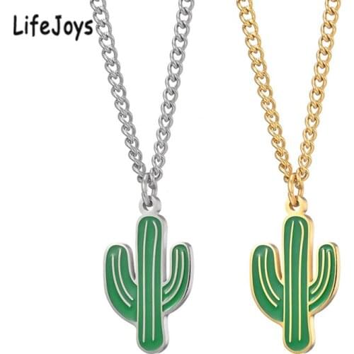 Cactus Necklace Stainless Steel Green Enamel Cactus Pendant Hip Hop Jewelry Gold Silver Color Women Engagement Gift High Quality