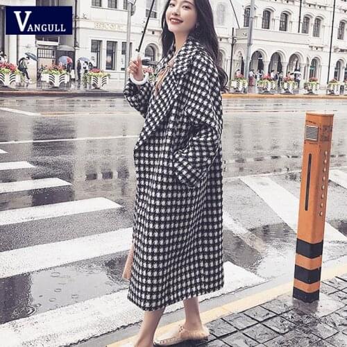Vangull Winter Plaid Women Wool Coats Turn-down Collar Loose Thick Long Jackets Women 2021 New Warm Black White Plaid Outerwear