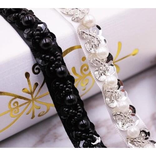 Plastic pearl beads sequins stitched mesh lace 1.2cm clothes collar bridal party dress decoration trimming ribbon tape DIY zakka