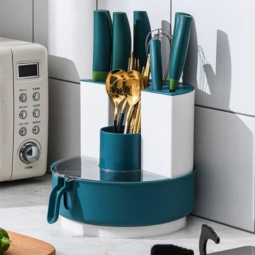 Plastic Rotatable Knives Holder with Cutlery Storage Box and Seasoning Spice Container Organzation Gadgets Accessories