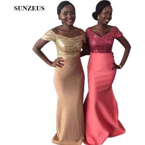 Robe De Demoiselle D'honneur Pour Mariage African Girls Bridesmaid Dresses Sequins Lace Long Party Gowns Short Sleeve