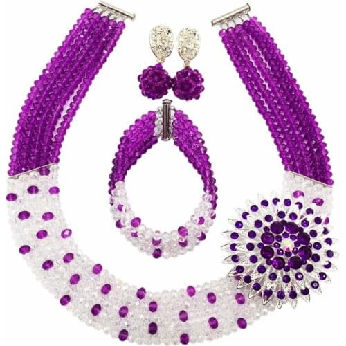 Amazing! Purple Transparent Crystal Beaded Nigerian Wedding African Beads Jewelry Set for Women Girls 5L-ZJ010