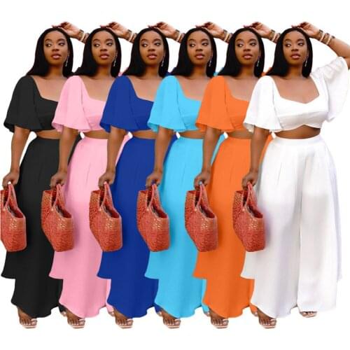 Casual Plus Size Two Piece Sets Solid Color Sexy Flare Sleeves Square Collar Loose Wide Leg Pant Latest Women Clothing Wholesale