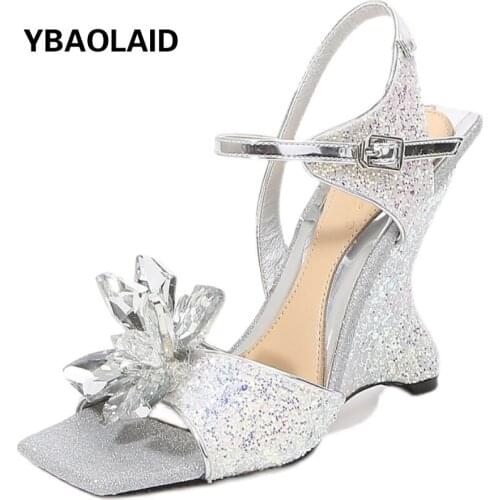 Square Toe Elegant Sequined Rhinestone Flower Super High Heel Sandals 2021 Summer Fashion New Sequined Word Buckle Wedge Sandals