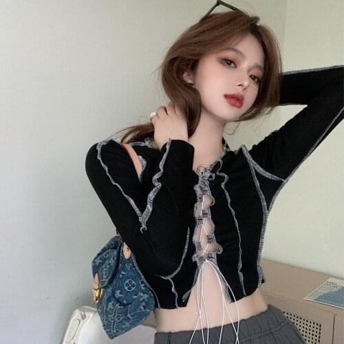 Sexy tight drawstring Hot Girl Long Sleeve T-shirt 2020 Autumn New lace-up hollow out Black punk Short Top Bottom tee Shirt