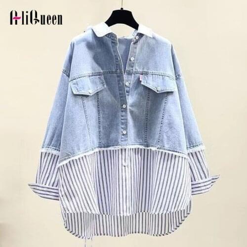 Spring Autumn Korean Women Lapel Raglan Sleeves Fake Two Piece Denim Shirt Ladies Vintage Loose Stripe Splicing Midi Shirts Coat