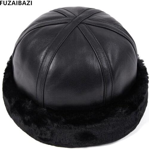 FUZAIBAZI Men Genuine Leather Hat Trend Winter Fashion Sheepskin Bomber Cap For Elderly Lady Velvet Thermal Earmuffs Tide Hats