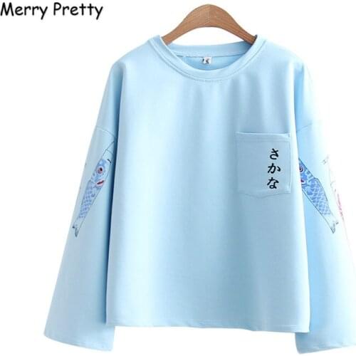 Merry Pretty T Shirt Women 2020 Long Sleeve Harajuku Fish Print Pocket Funny T Shirts Women O-neck Cotton Tshirt Cute Tee Tops