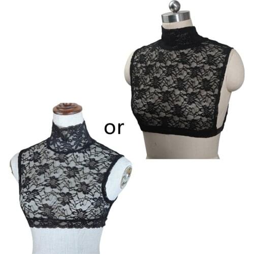 Women Turtleneck Floral Lace Half Shirt Faux Collar Scalloped Trim Bottoming Sleeveless Vest Decorative Dickey Crop Top