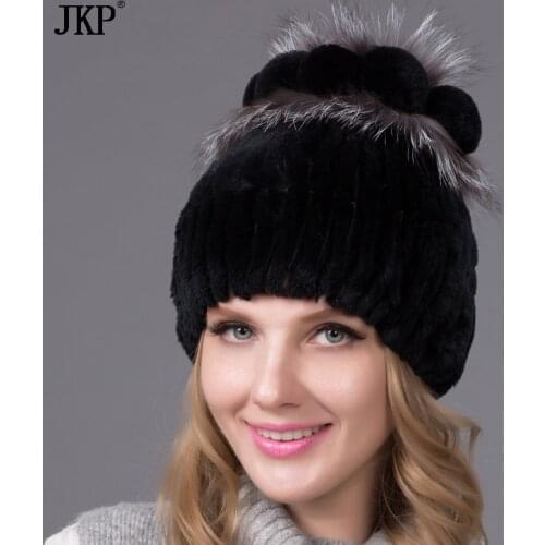 Womens Winter Fur Hat Real Rabbit Fur Hat With Silver Flower Knit Fur Fox Caps 2021 New Sale High-End Ladies Fur Hat THY-06