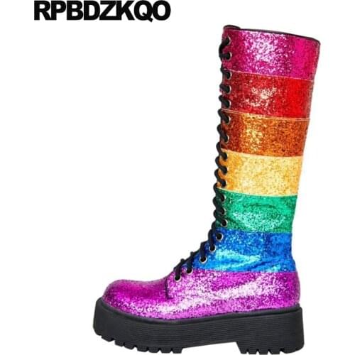 Patchwork Flatform Bling Glitter 2021 Big Size Sparkly Side Zip Boots Muffin Shoes Harajuku 10 Knee High Women Sequin Lace Up