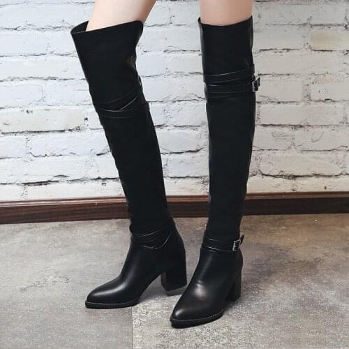 AIWEIYi Women Thigh High Boots Black White Autumn Winter Over The Knee Boots Motorcycle Boots Size 34-43 Riding Botas Shoes