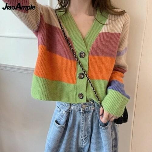 2021 Autumn Winter New Women Sweater Coats Student Casual Loose V-Neck Patchwork Cardigan Tops Lady Fashion New Short Outerwear