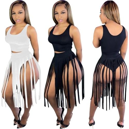 Sexy Tassel Skirt Sets Summer Club Outfit Women Sleeveless Tank Crop Top and See Through Tassel Long Skirts Two Pieces Sets 2021