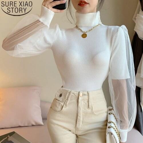2021 New Spring Puff Sleeve Mesh Sweaters Fashion Turtleneck Sweater Women Pullover Female Solid Knitted Sweater Casual Tops 127