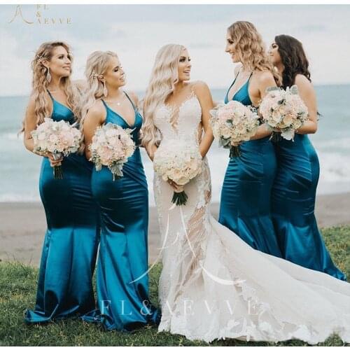 Fashion Lake Blue Satin Mermaid Bridesmaid Dresses Spaghetti Straps Wedding Party Gowns Women Occasion Dress Plus Size Dresses