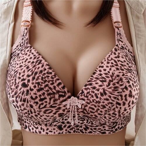Women Leopard-Print Front Buckles Underwear No Steel Ring Close Bra