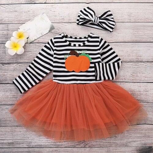Winter Pumpkin Kids Dress Toddler Kids Baby Girls Pumpkin Striped Embroidery Halloween Dress+Headbands set roupas baby menina