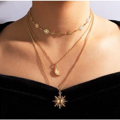 Docona Charms Sun Flowers Moon Pendant Necklace for Women Gold Geometry Hollow Metal Alloy Party Jewelry Accessories 17125