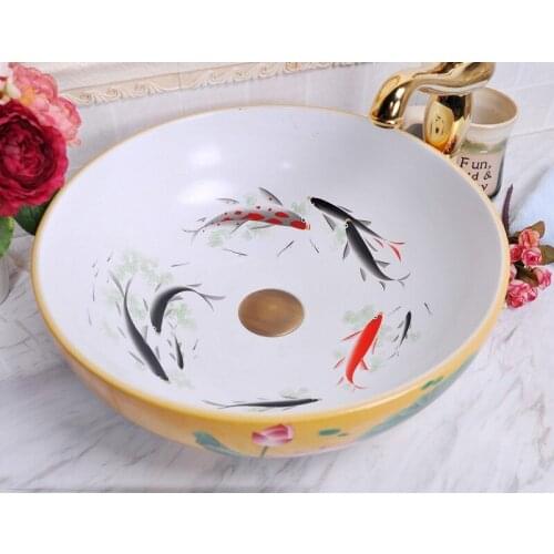 China Painting Fish Ceramic Painting Art Lavabo Bathroom Vessel Sinks Round counter top deep basin sink