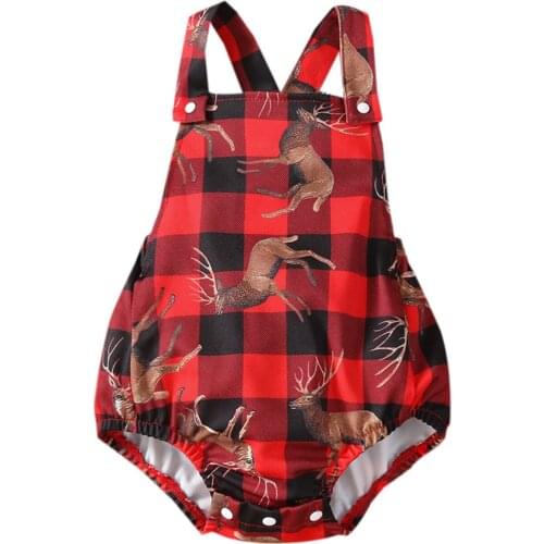 Toddler Deer Plaid Print Cotton Backless Bodysuit Baby Girls Christmas Sleeveless Square Collar Jumpsuit for Spring Fall