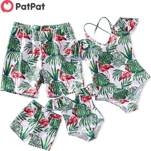 PatPat 2021 New Summer Family Look Flounce Sleeve Flamingo and Leaf Print One-piece Matching Swimsuits