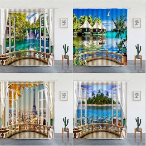 Beautiful Landscape Shower Curtain Set Natural Scenery Forest Waterfall Ocean Paris Tower Bathroom Decor Washable Bathtub Screen