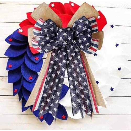 MLGB 2Pcs Wreath Bow Burlap American Stripes Stars Large Tree Topper Bow Gift BowsIndependence Day Party Favors Decorations