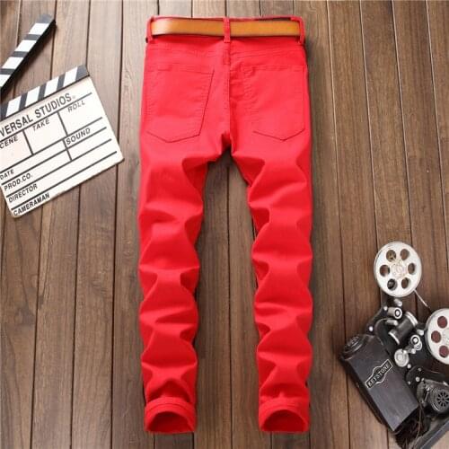 Mens High Streetwear Causal Red Ripped Skinny Jeans Phoenix Bird Rose Embroidered Elastic Male Hiphop Skinny Denim Pants