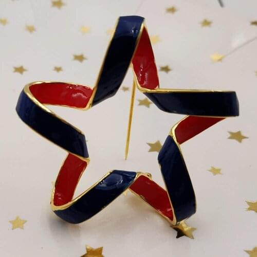 Independence Day Jewelry Opens Ribbon Style Five Point Blue Red Enameled Star Brooches Pins Goldtone Women Dress Shirt Accessory