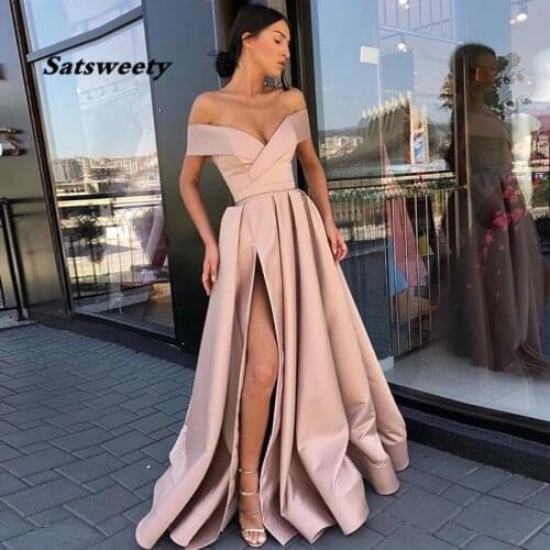 Blush Pink Off Shoulder Prom Dresses Boat Neck Front Split Vestido Formatura Long Evening Party Formal Vestidos De Graduacion